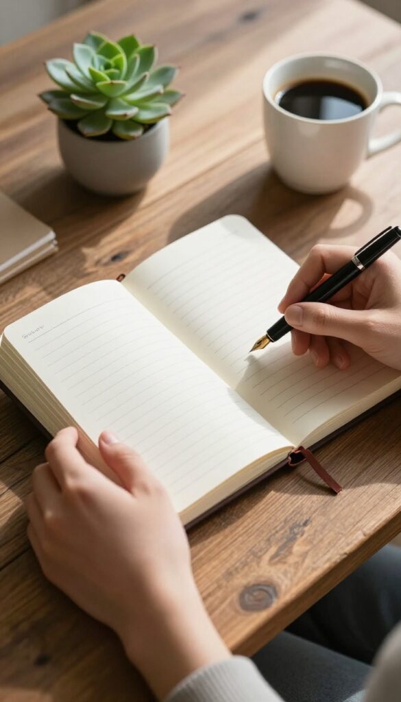 A person writing in a gratitude journal on a wooden desk with morning light and coffee