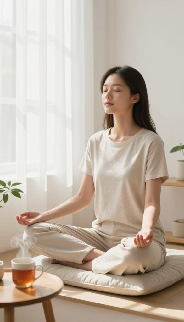 Woman meditating by sunlit window in minimalist room
