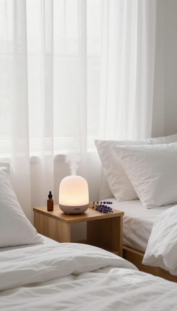 Aromatherapy diffuser on nightstand in calm bedroom with lavender scent
