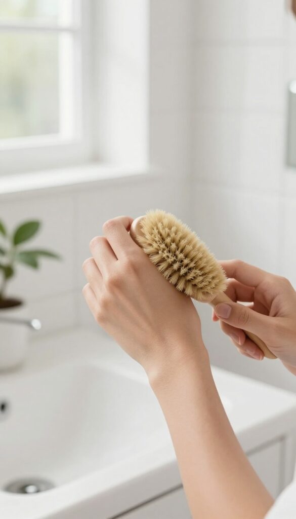 Woman dry brushing her arm with a natural bristle brush before a shower