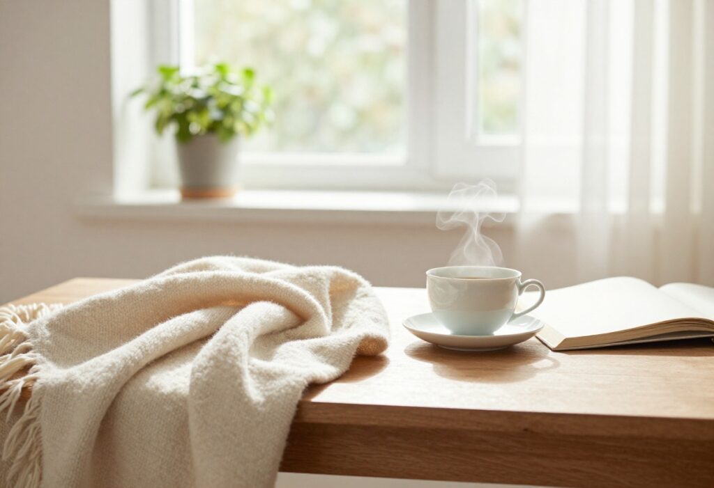 Cozy self-care setup with tea, journal, and plants in a sunlit room