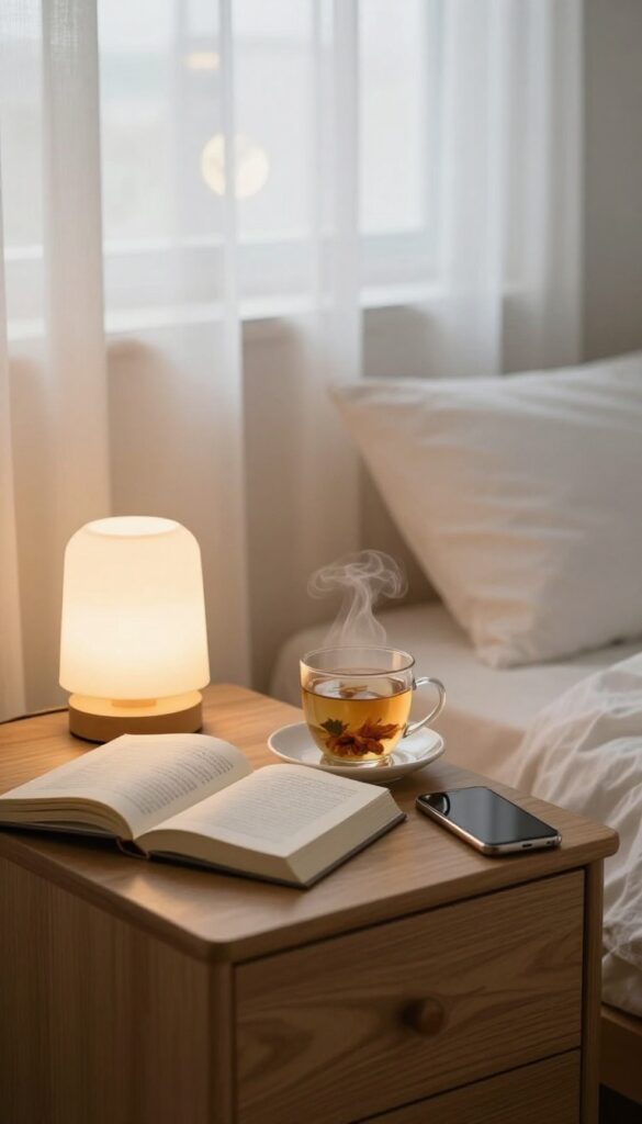 Calm bedroom with a book and tea on a nightstand, phone across the room, soft lamplight, peaceful nighttime scene