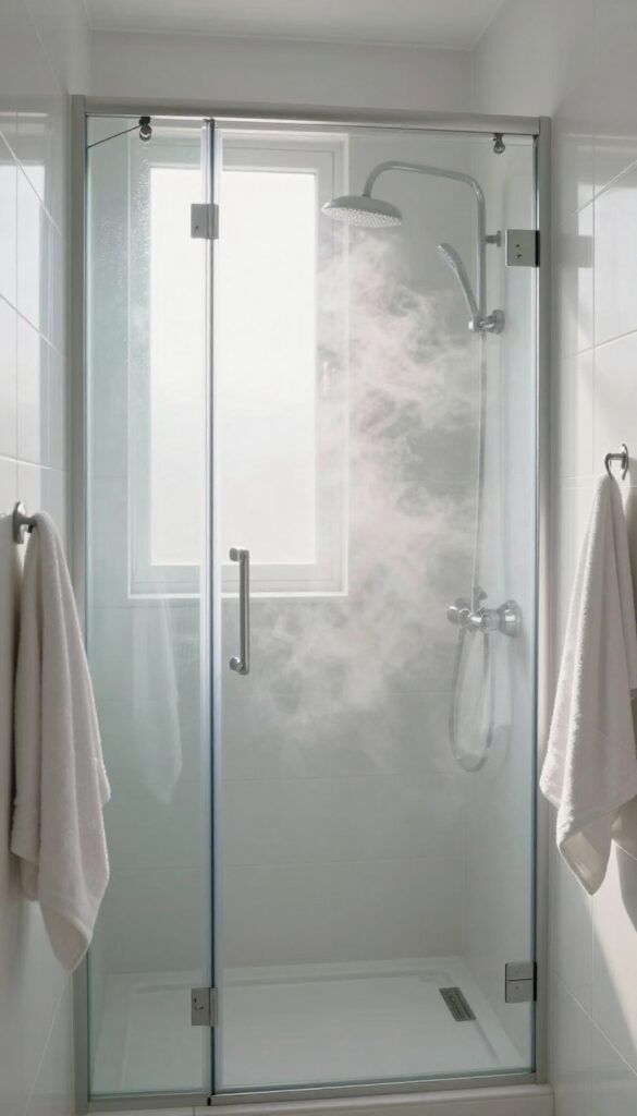 Bathroom with shower door slightly open, steam rising, cool air entering through a cracked door, bright natural light, minimalist decor.