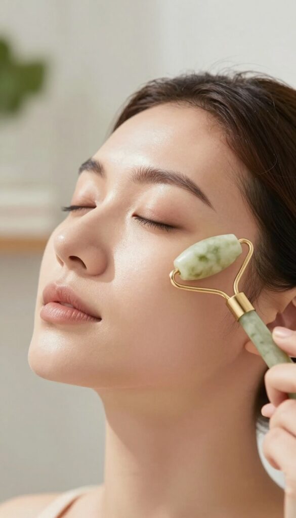 Woman using jade roller for face massage before shower, glowing skin, natural light
