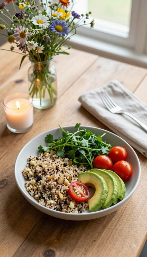 A nourishing grain bowl on a rustic table with candle and flowers, inviting mindful eating.