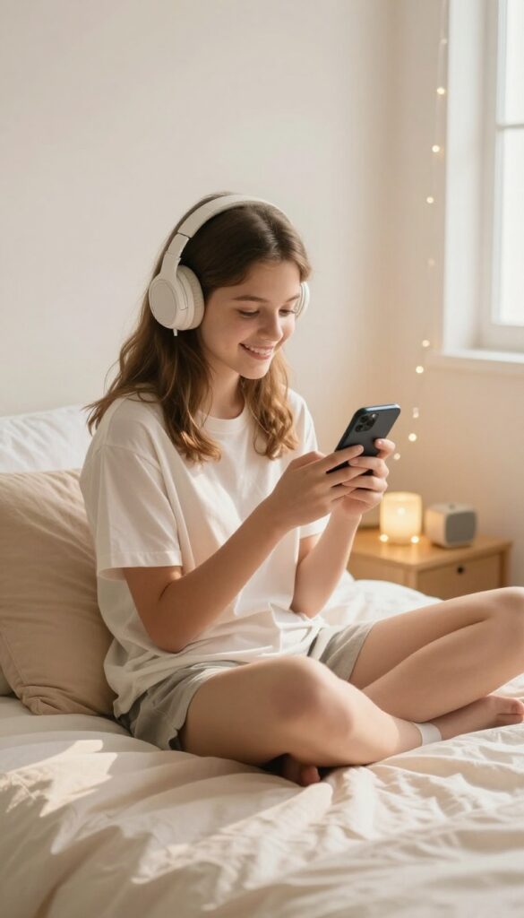 Teen girl listening to music on her phone in a cozy bedroom