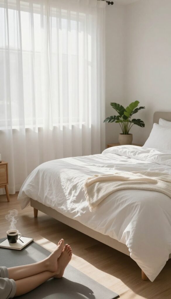 A serene morning bedroom with made bed, notebook, coffee, and yoga mat, emphasizing a consistent morning routine for self-care and organization.