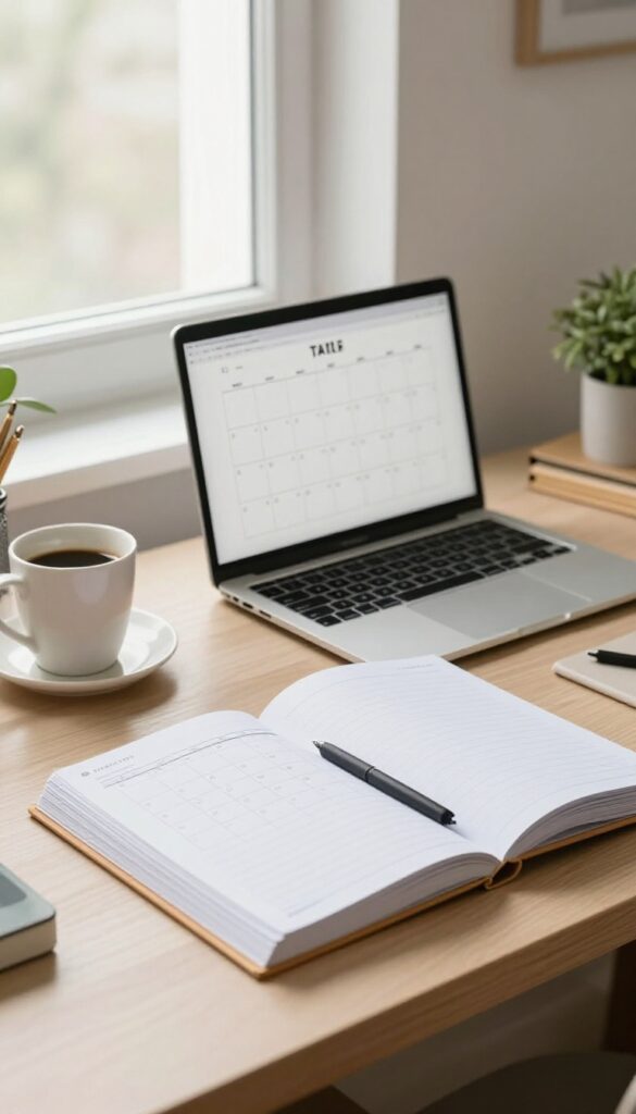 A neatly organized desk with a laptop, planner, and sorted paperwork for a monthly life admin day