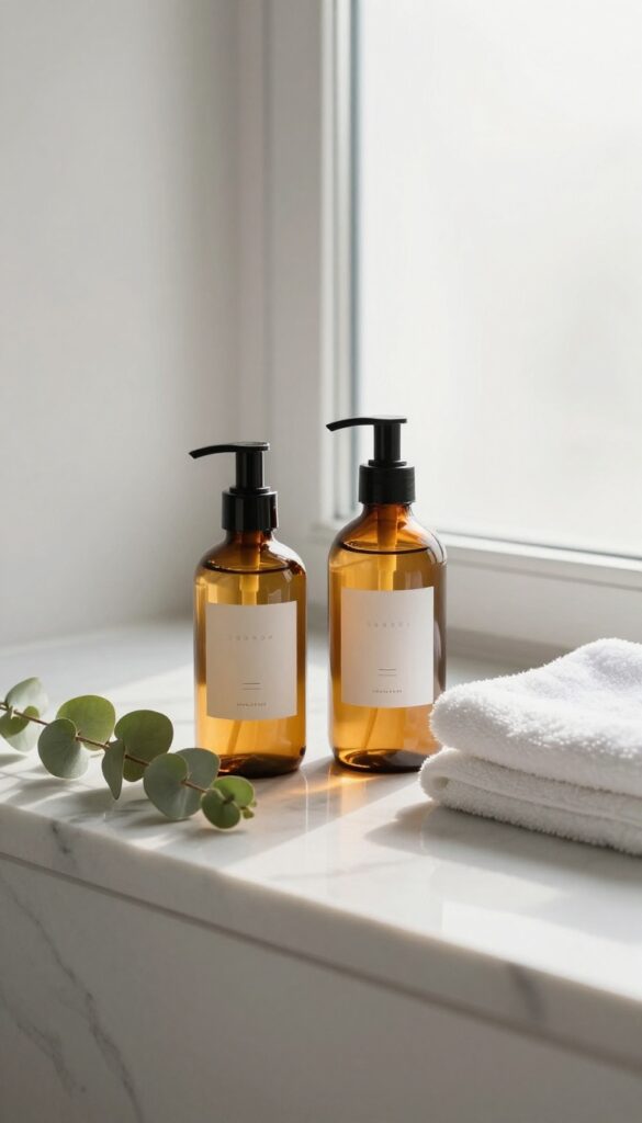 Matching body wash and lotion set on marble bathroom counter with eucalyptus and soft natural light