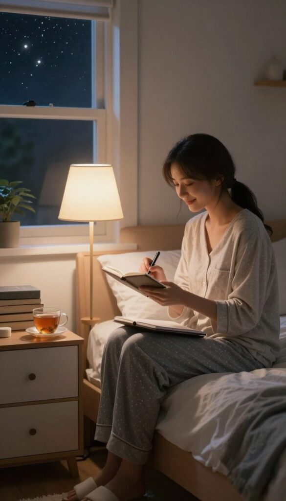 Person in pajamas reflecting on the day's win while sitting on the bed with a notebook and tea, cozy bedroom ambiance.