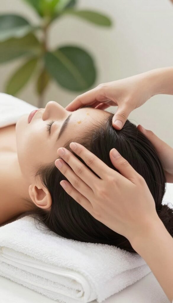 Woman receiving a warm oil scalp massage, hands visible, serene expression, natural light