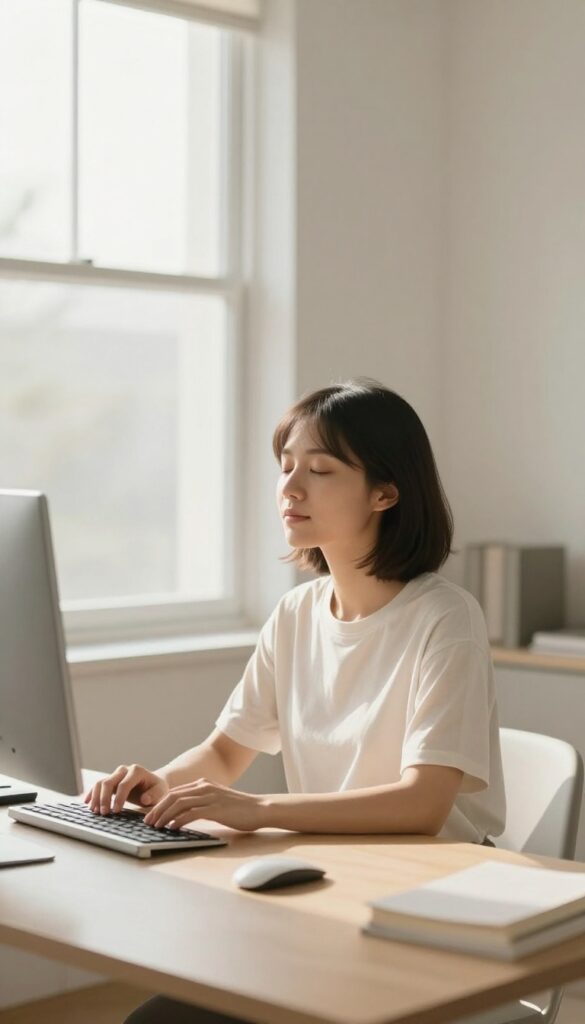 Person taking a breathing break at a desk in a sunlit room