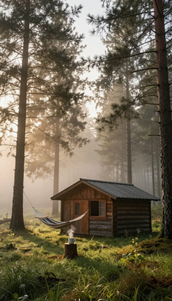 Rustic cabin in misty forest at sunrise with hammock and steaming mug