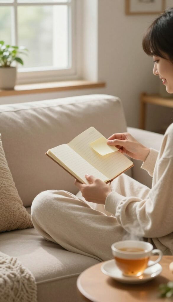 A person celebrating small wins in the evening with a notebook and tea in a cozy living room.