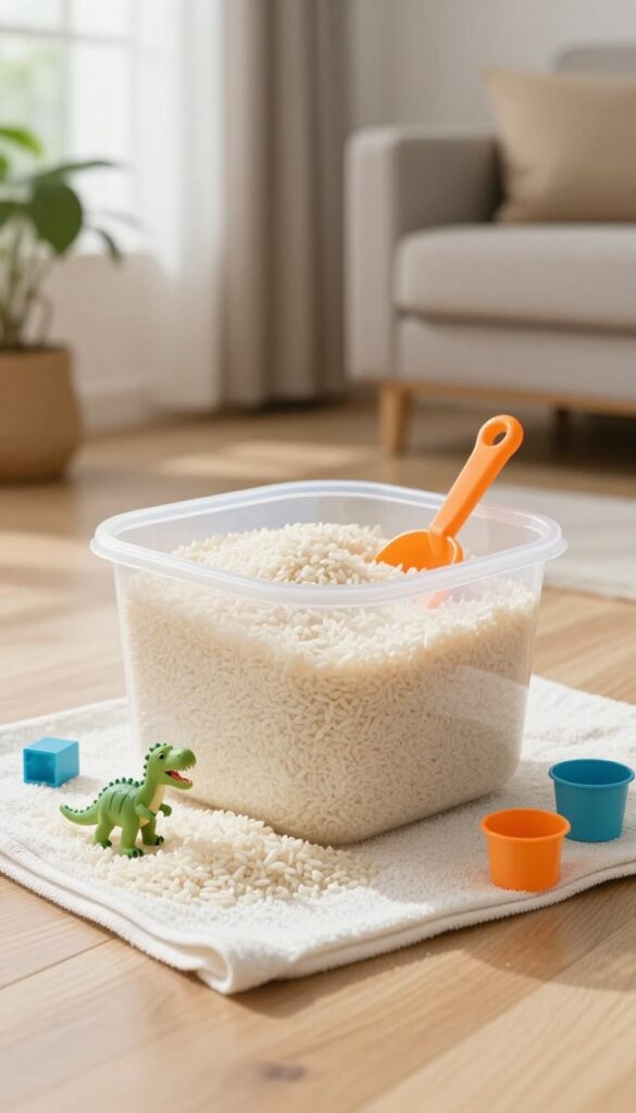 Sensory play bin with rice, scoops, and small toys on a towel indoors