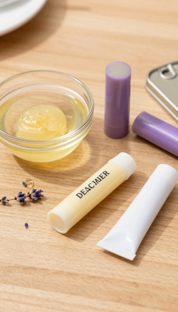 DIY lip balm ingredients and tools on a wooden table