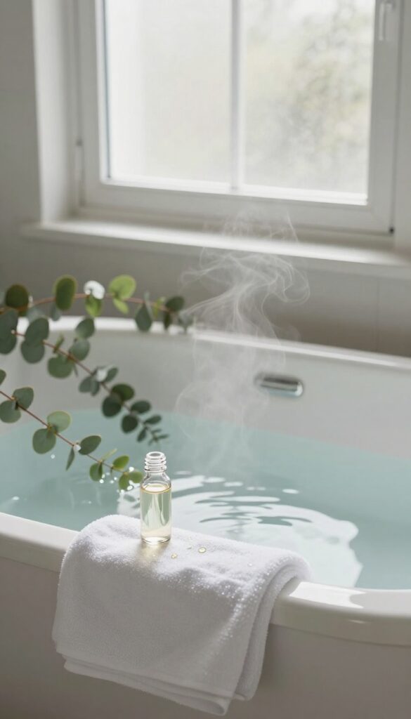 A serene bathroom with a steaming bathtub, eucalyptus branches, and essential oil, evoking a spa-like aromatherapy experience.