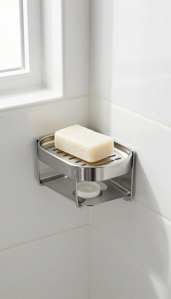 A shower caddy with a built-in slotted soap dish holding a dry bar of soap in a clean, bright bathroom