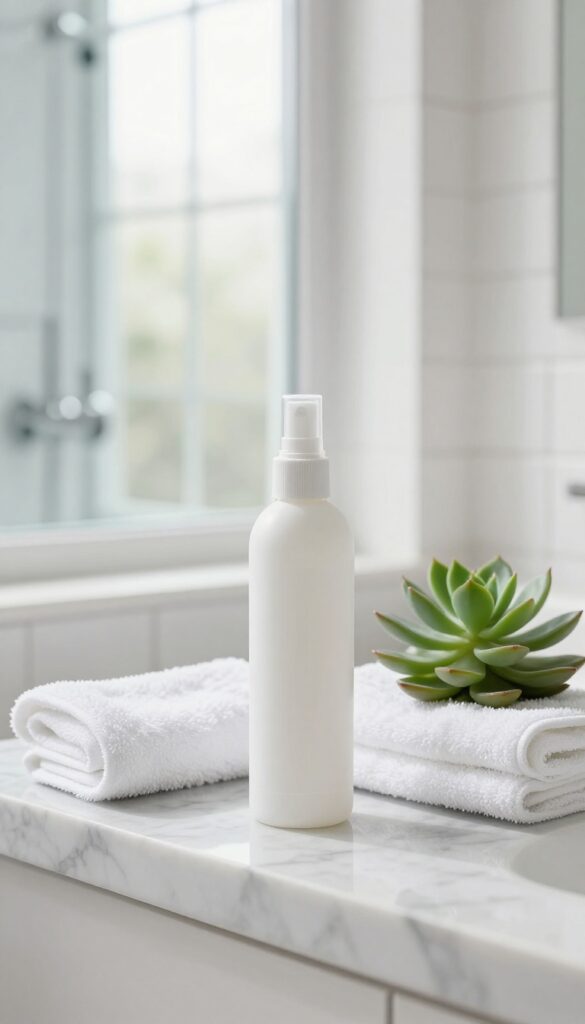 Leave-in conditioner spray on a bathroom counter with towels and natural light