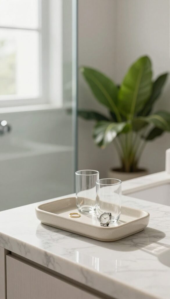 Small ceramic tray on bathroom vanity holding jewelry and glasses, near shower