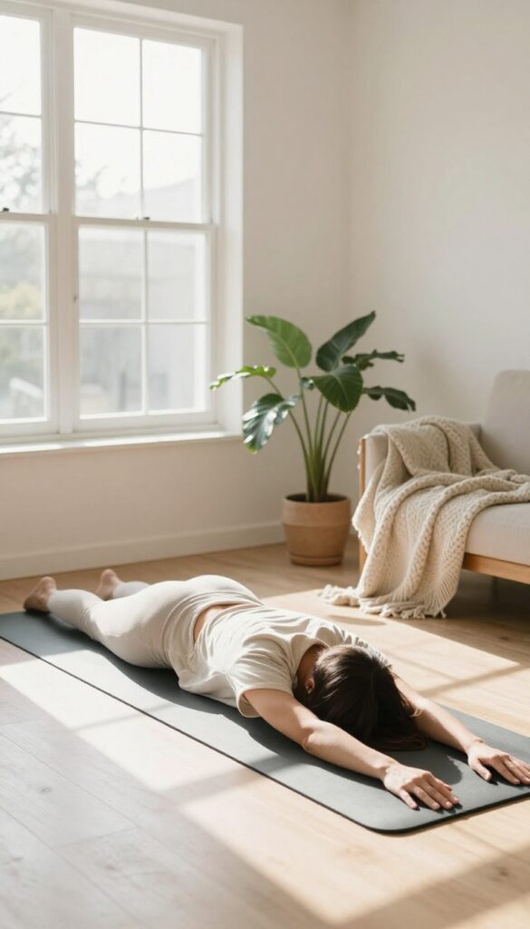 Woman stretching on yoga mat in sunlit room with plants and cozy decor