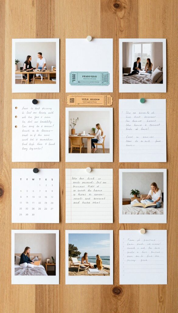 A year-in-review collage with photos and mementos arranged on a wooden table