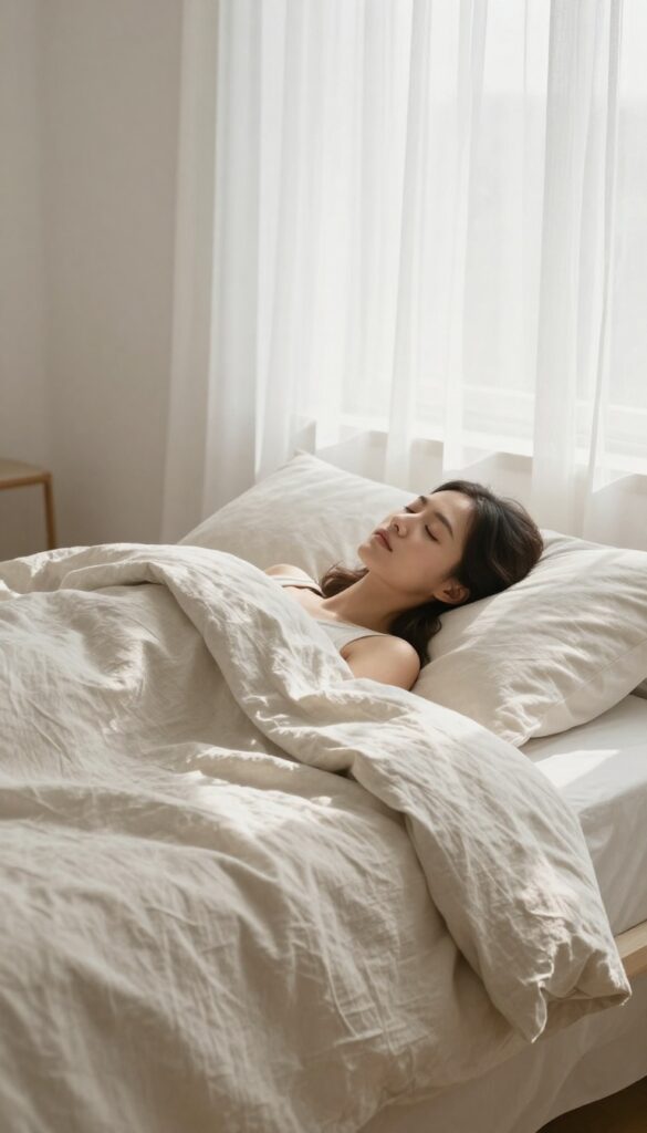 Woman waking naturally in a peaceful bedroom with soft morning light