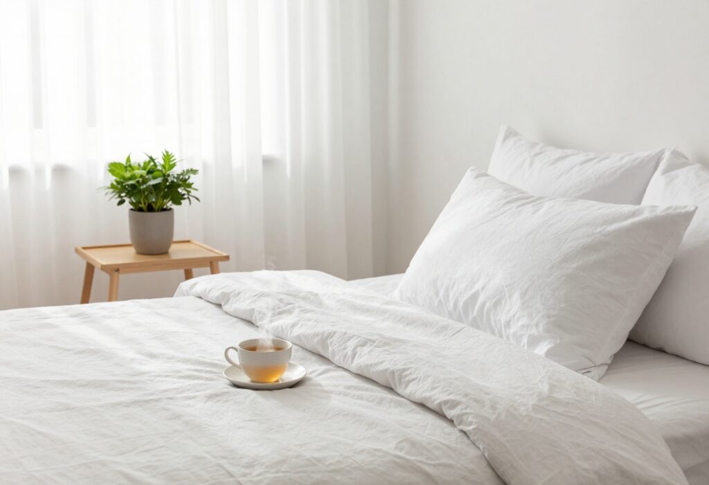Peaceful bedroom with morning light and self-care essentials