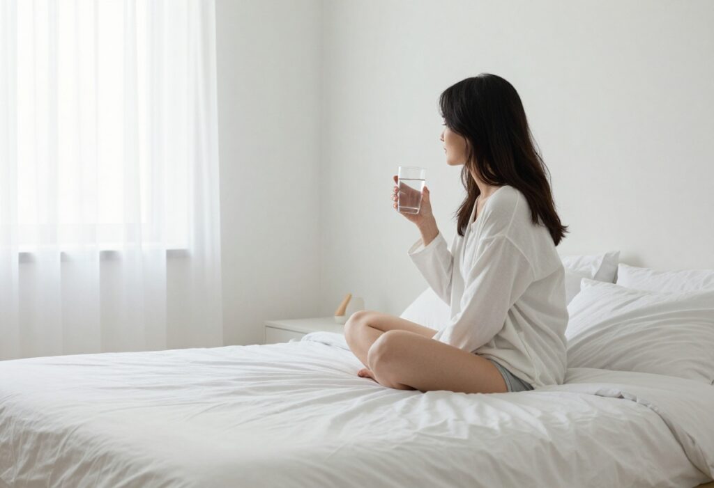 Woman starting her day with a glass of water beside a made bed in a calm bedroom