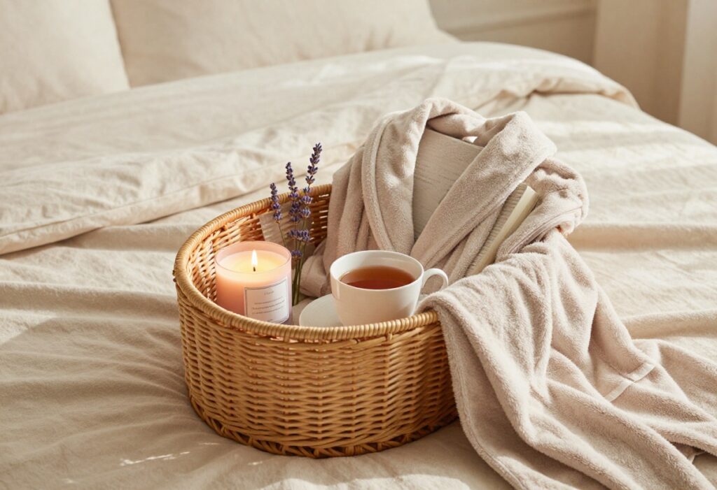 A self-care basket filled with a candle, robe, book, and tea on a blanket.