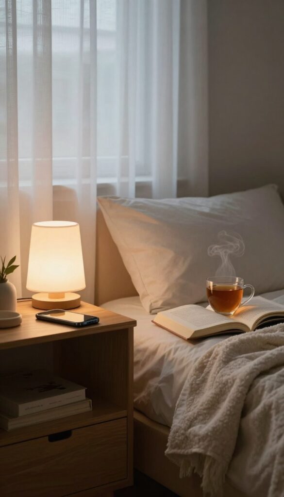 Cozy bedroom with a smartphone turned off on a nightstand, a cup of tea, an open book, and soft warm lighting at dusk.