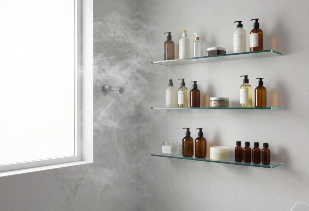 Luxurious shower setup with various beauty products on shelves, steam and soft lighting creating a spa-like atmosphere.