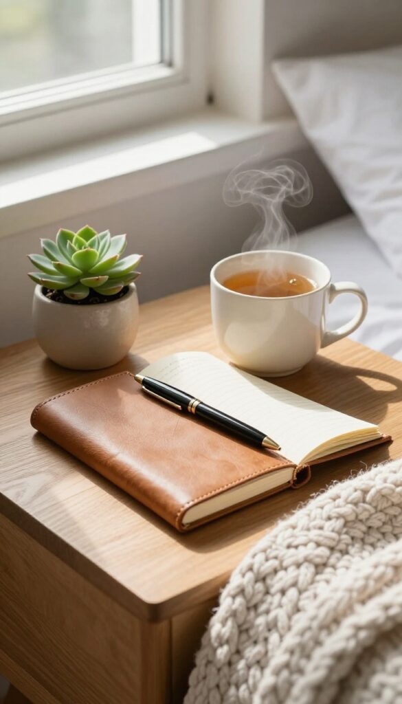 Cozy bedroom with open journal, pen, tea, and succulent on nightstand, soft natural light.