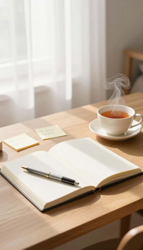 A peaceful morning desk setup with a journal, pen, sticky notes, and tea by a sunlit window, representing setting three daily intentions.