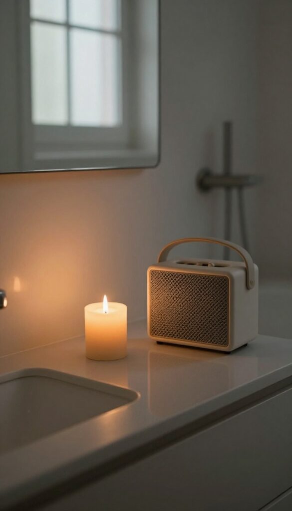 Bathroom ambiance with candle and speaker for relaxing shower