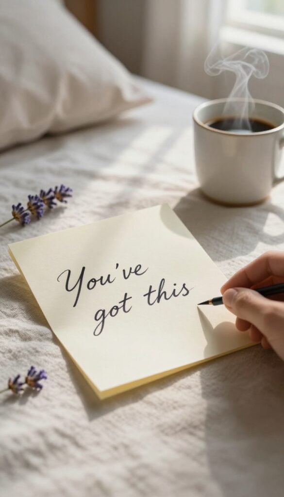 Handwritten note on a bed with coffee and lavender, soft morning light
