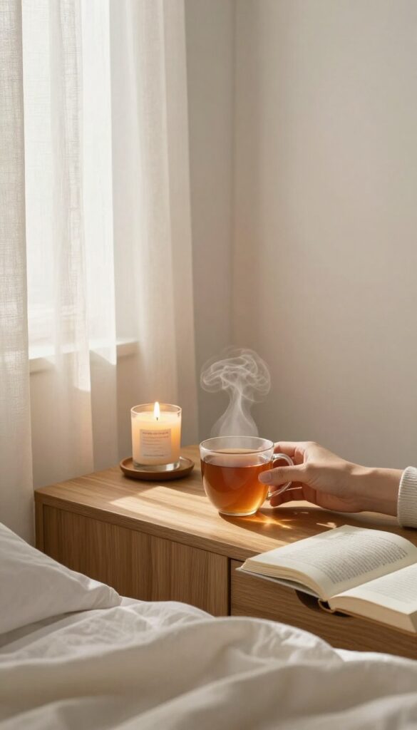 Peaceful screen-free morning with tea, candle, and natural light in a cozy bedroom