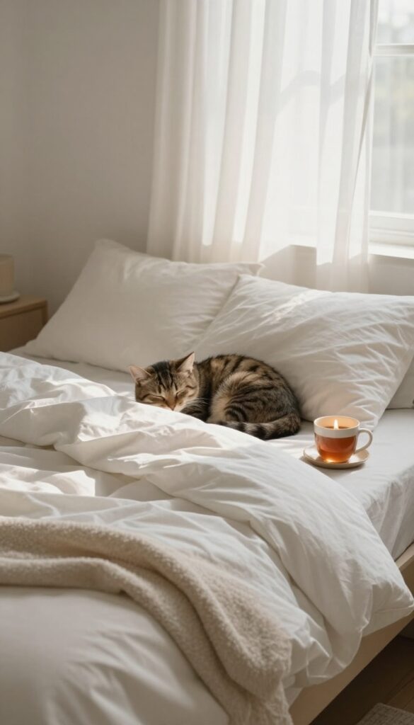 Cozy bedroom with soft bedding, a sleeping cat, and natural light for a nap sanctuary.