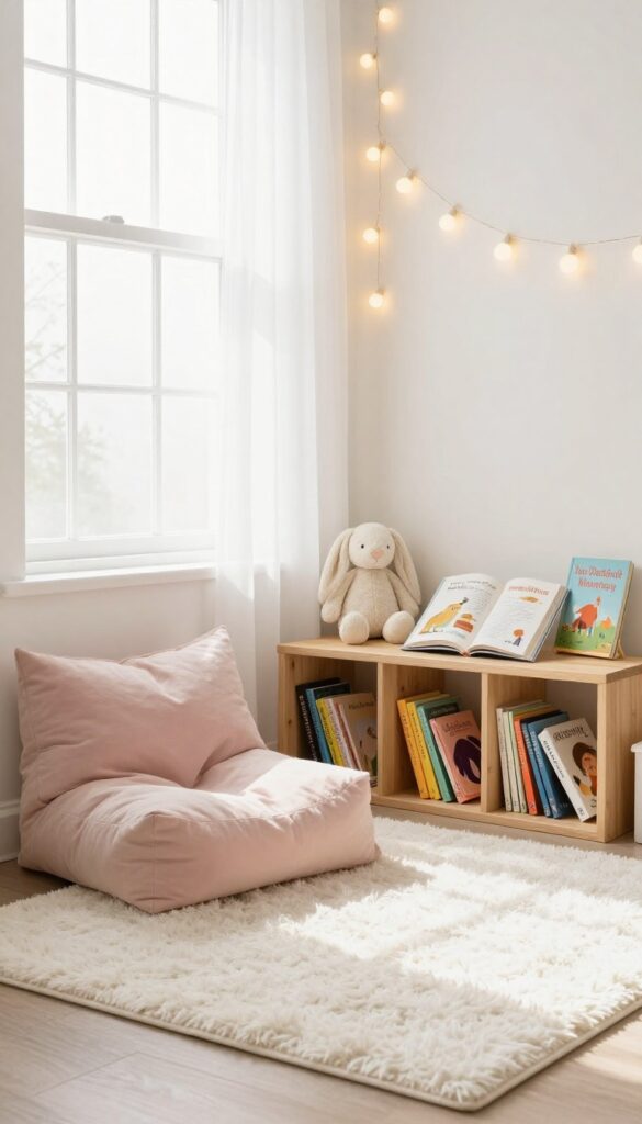 Cozy reading nook for kids with pillows, books, and fairy lights