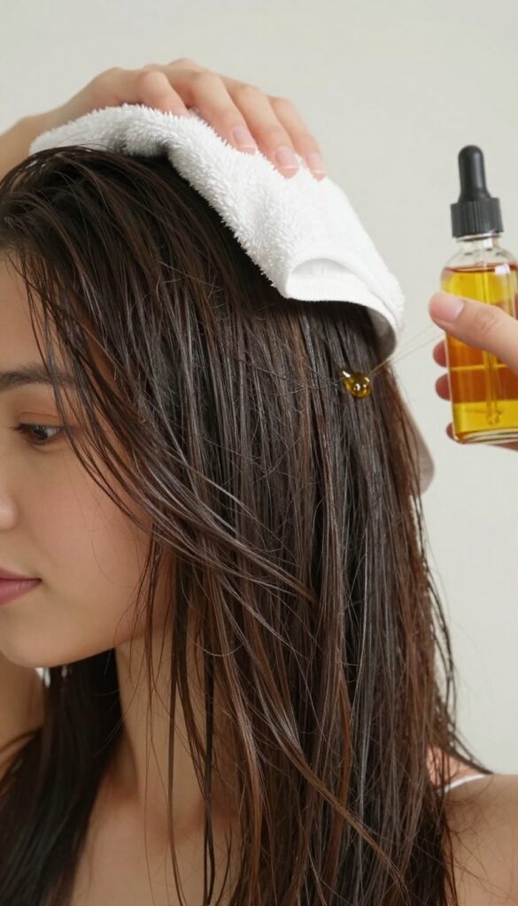 Woman applying hair oil to damp ends for shine and moisture