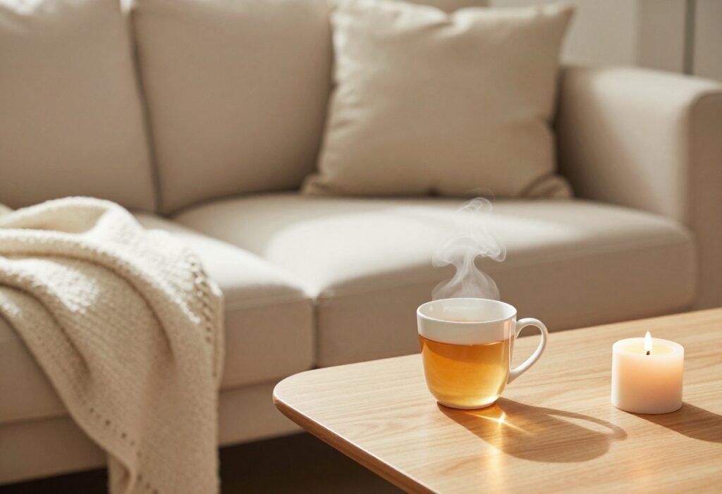 Cozy self-care setup with tea, candle, and blanket
