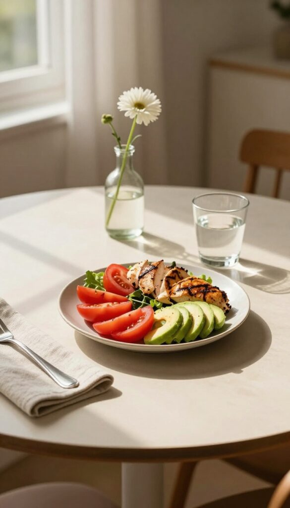 Mindful eating setup with a single plate of healthy food on a table, no distractions, natural light.