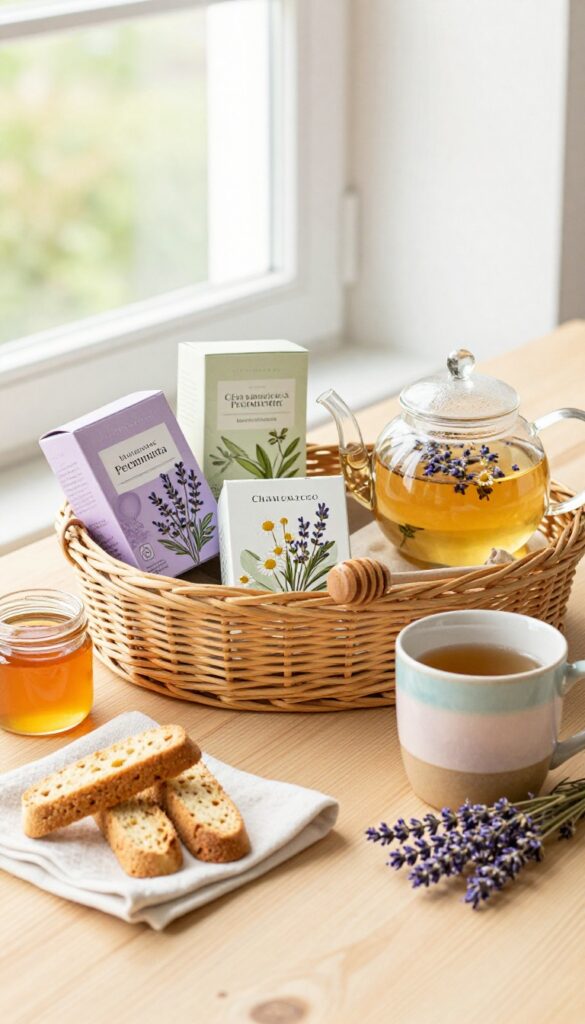 Tea lover's self-care basket with herbal teas, honey, mug, and biscotti on a wooden table