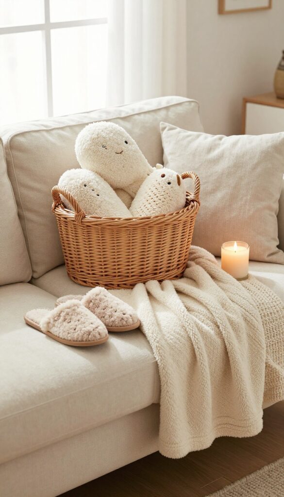 Warm and toasty self care basket with microwavable plushie, heated blanket, fuzzy slippers, and cinnamon candle in cozy living room