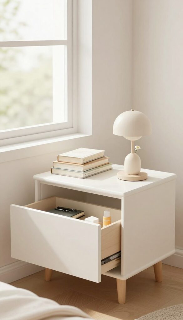 A neatly organized nightstand with an open drawer showing tidy compartments, soft natural light, calming bedroom decor.