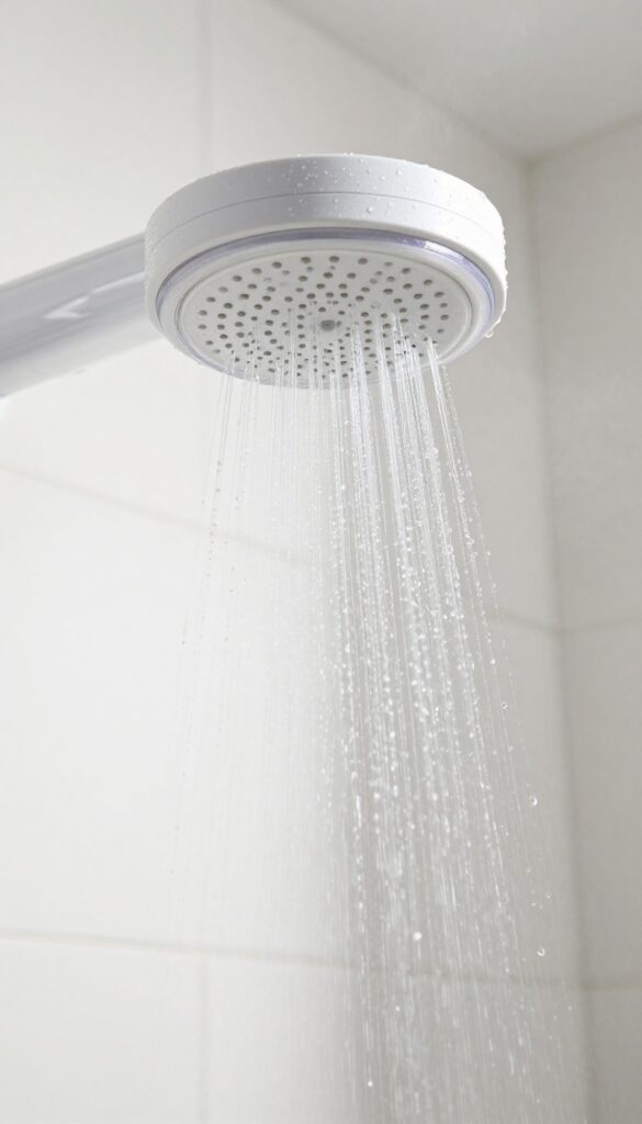 Shower filter attachment on a modern shower head with clean water droplets