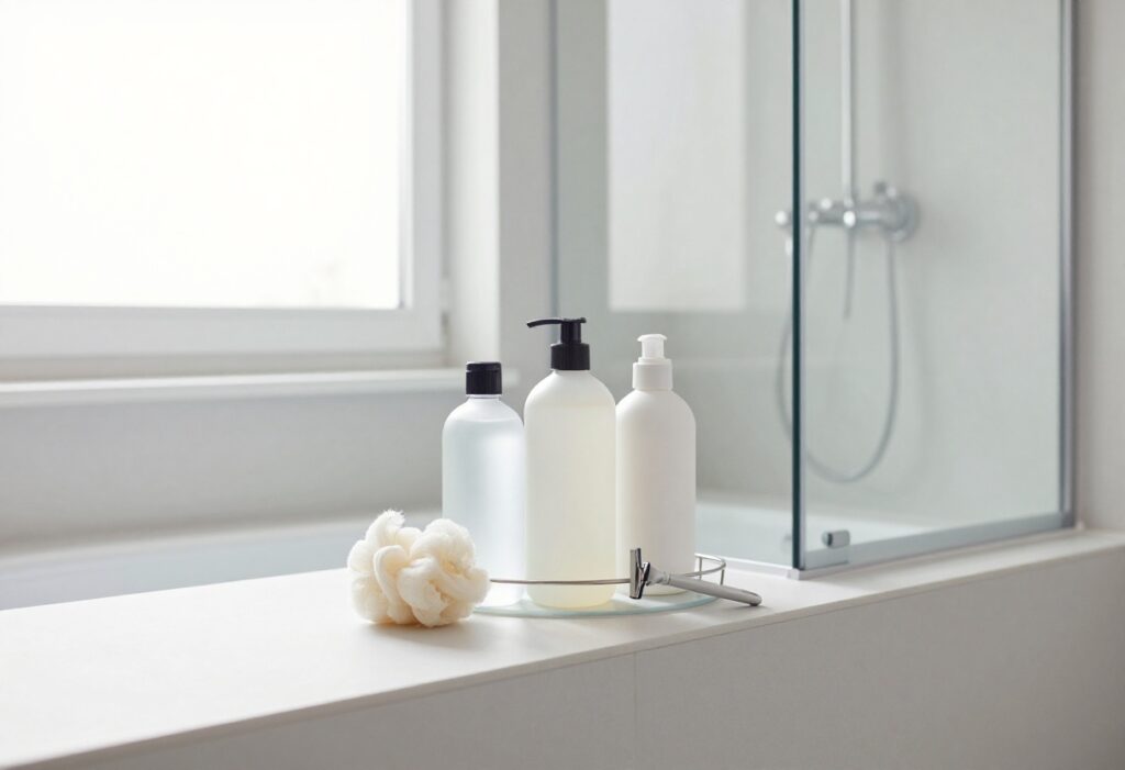 Modern shower with organized essentials on a caddy