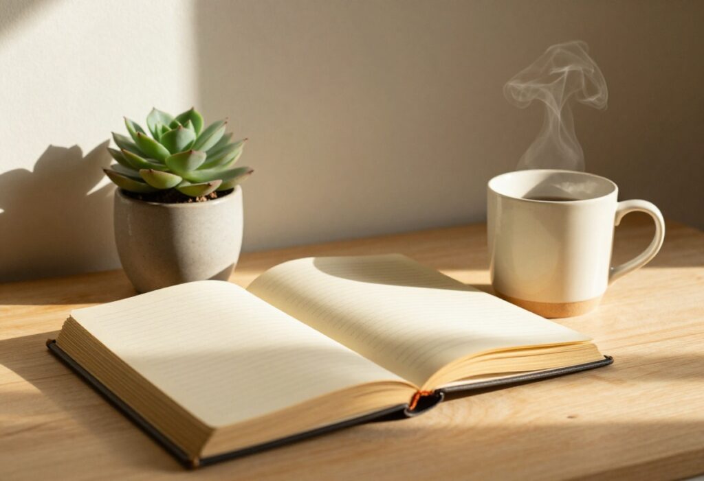 A cozy self-care setup with a journal, mug, and plant on a wooden table by a window with soft sunlight.
