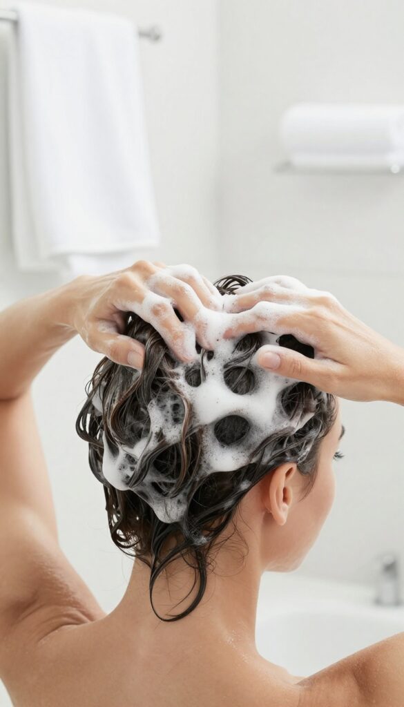 Woman shampooing hair with white foam, hands on scalp, bright bathroom, natural light
