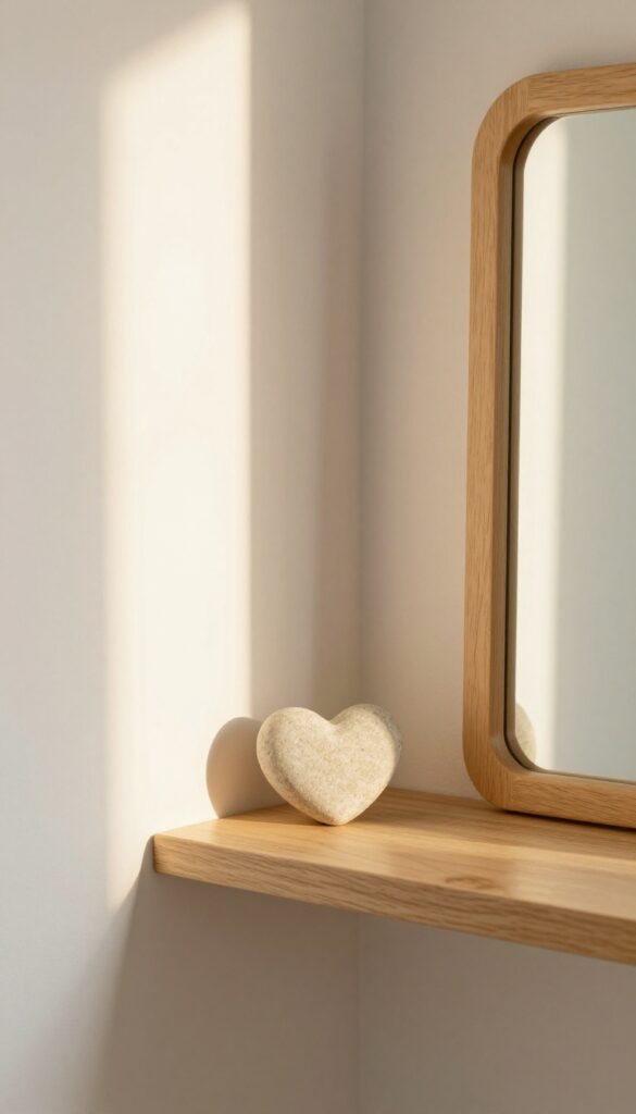 A peaceful corner with a wooden mirror and a heart-shaped stone, symbolizing self-acceptance and the feeling of being enough.